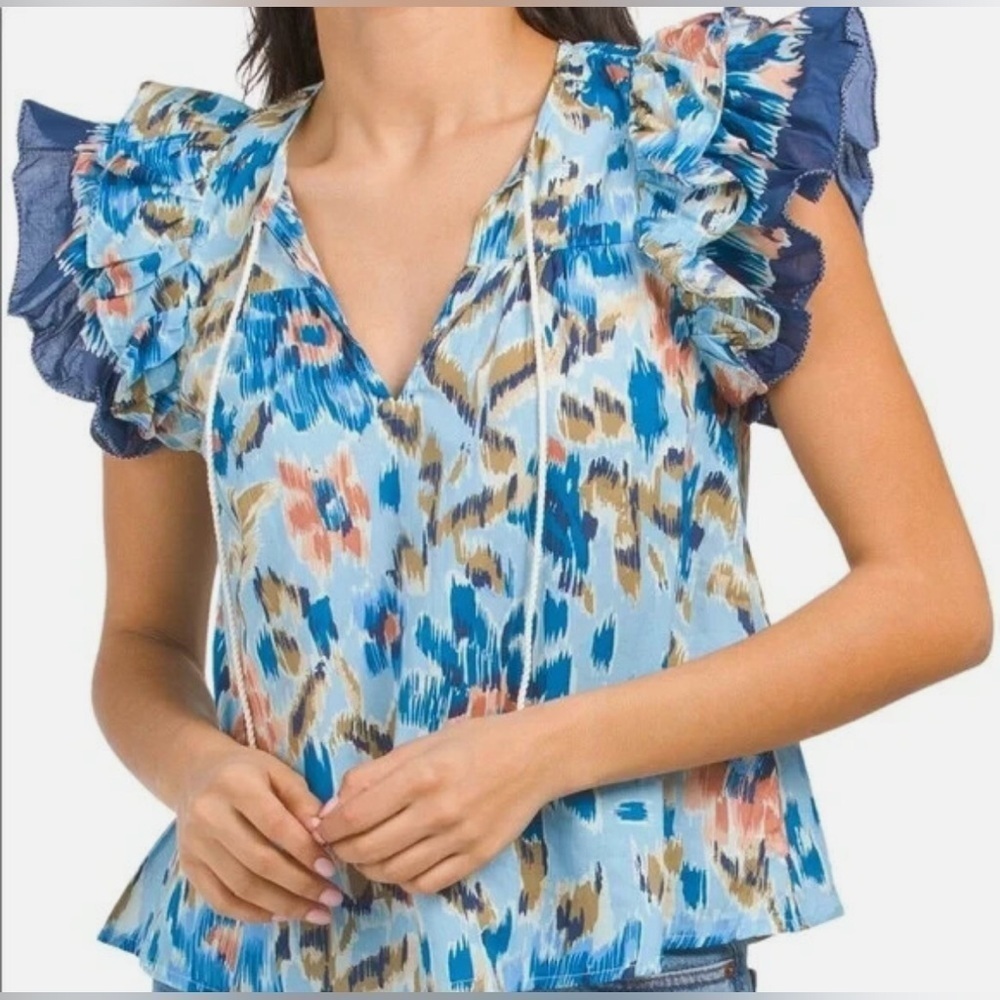 House of Harlow 1960 Zoey Blue Boho Ruffled Sleeve Blouse Size Medium
